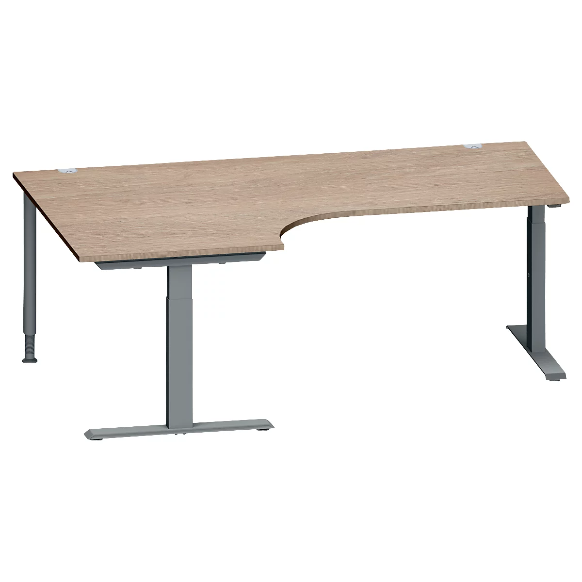 Schäfer Shop Genius Bureau d'angle MODENA FLEX, angle 90° gauche, pied en T tube rectangulaire, L 2000 x P 1200/800 x H 650-850 mm, chêne/anthracite