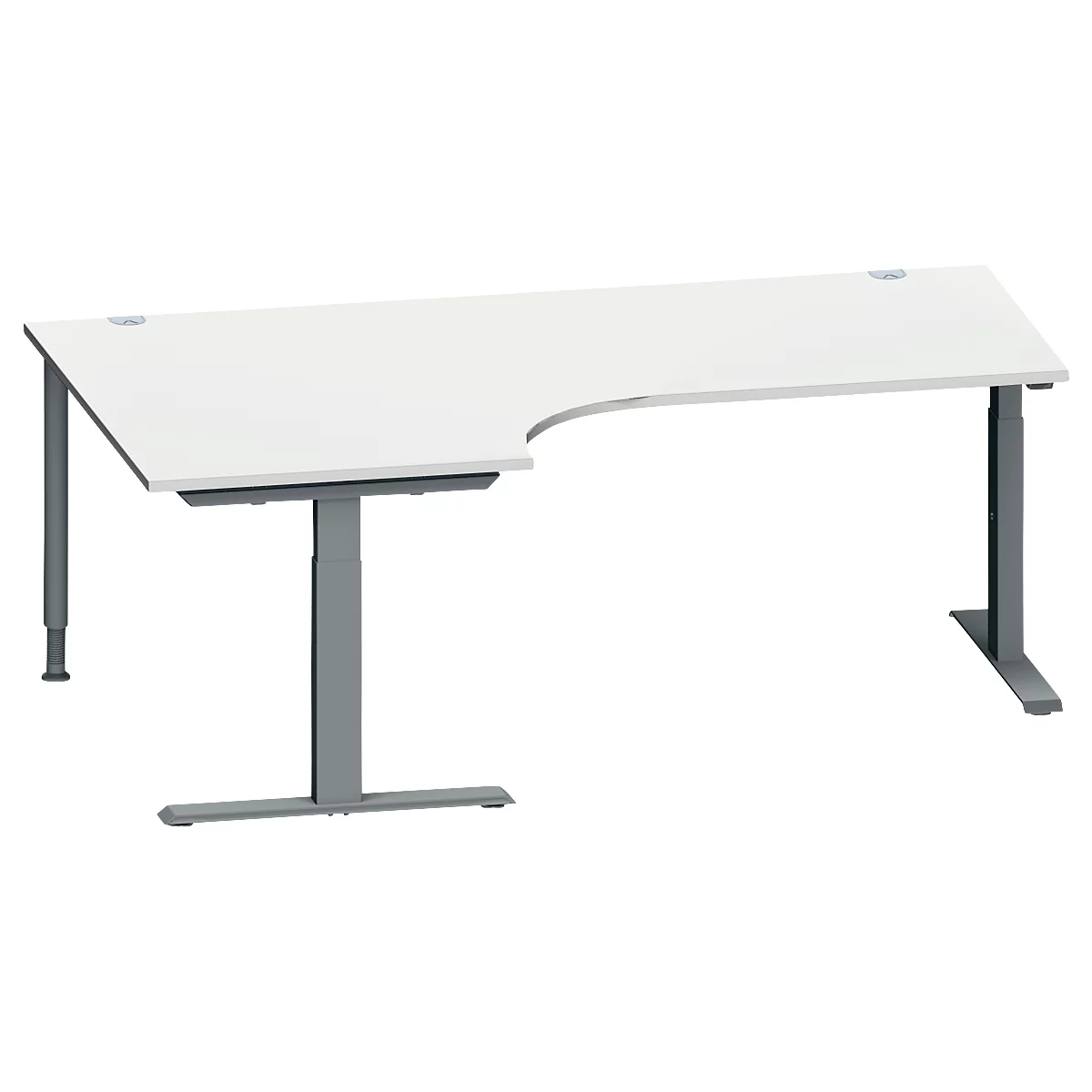 Schäfer Shop Genius Bureau d'angle MODENA FLEX, angle 90° gauche, pied en T tube rectangulaire, L 2000 x P 1200/800 x H 650-850 mm, gris clair/anthracite