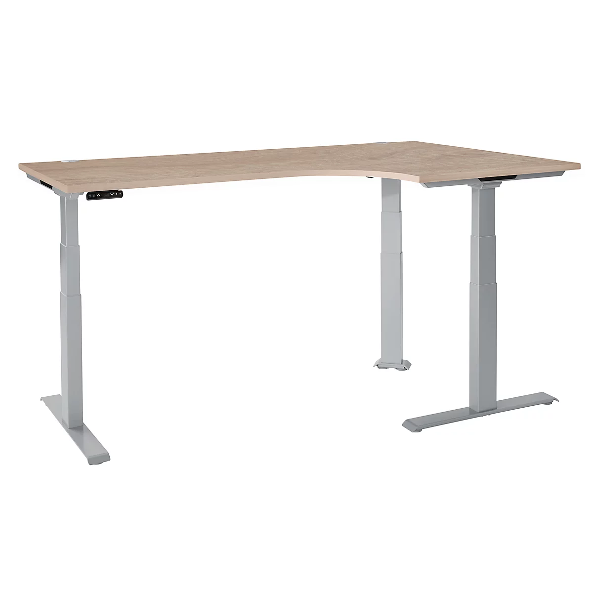 Schäfer Shop Genius Bureau d'angle Modena Flex, réglage électrique de la hauteur, angle 90°, pied en T, L 2000 mm, chêne/alu blanc