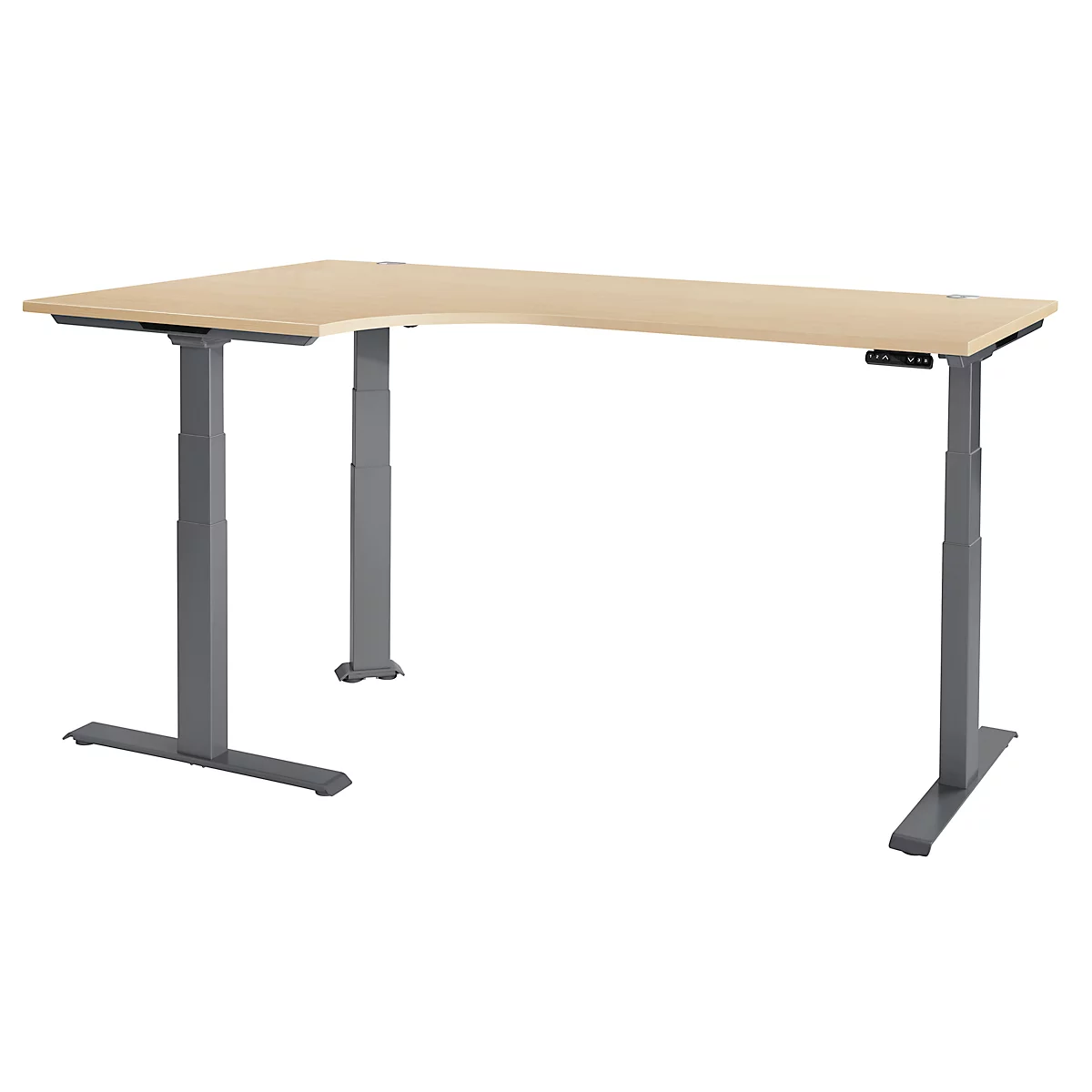 Schäfer Shop Genius Bureau d'angle Modena Flex, réglage électrique de la hauteur, angle 90°, pied en T, L 2000 mm, érable/anthracite