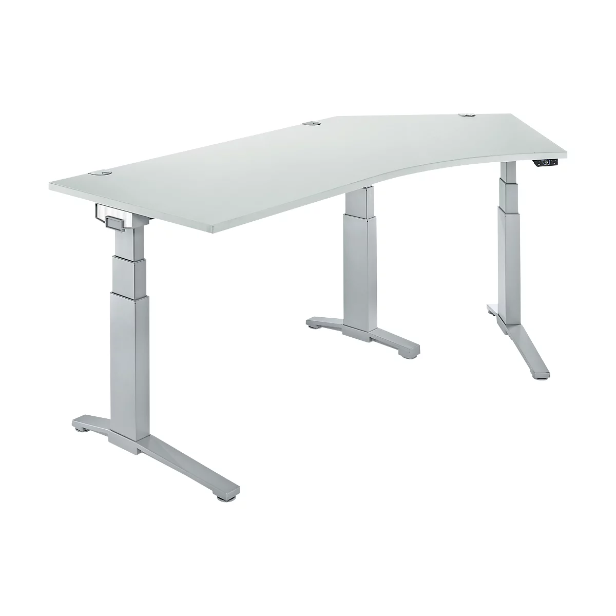 Schäfer Shop Genius Bureau ERGOSTYLE S, 135°, réglage électrique de la hauteur, approche à droite, deux niveaux, pied en C, L 2165 x P 800 x H 645-1305 mm, avec Memory Master, gris clair/aluminium blanc