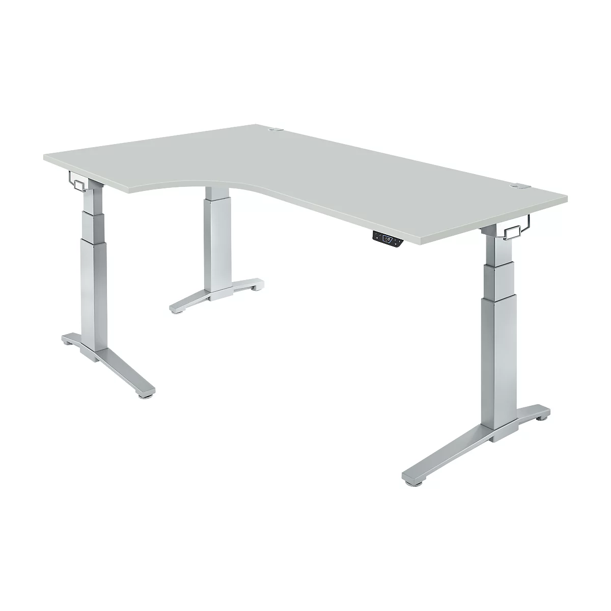 Schaefer Shop Genius bureau ERGOSTYLE S, 90°, aanbouw links, elektrisch in hoogte verstelbaar, C-voet, tweetraps, B 2000 x D 800 x H 645-1305 mm, incl. Memory Master, aluminium lichtgrijs/wit