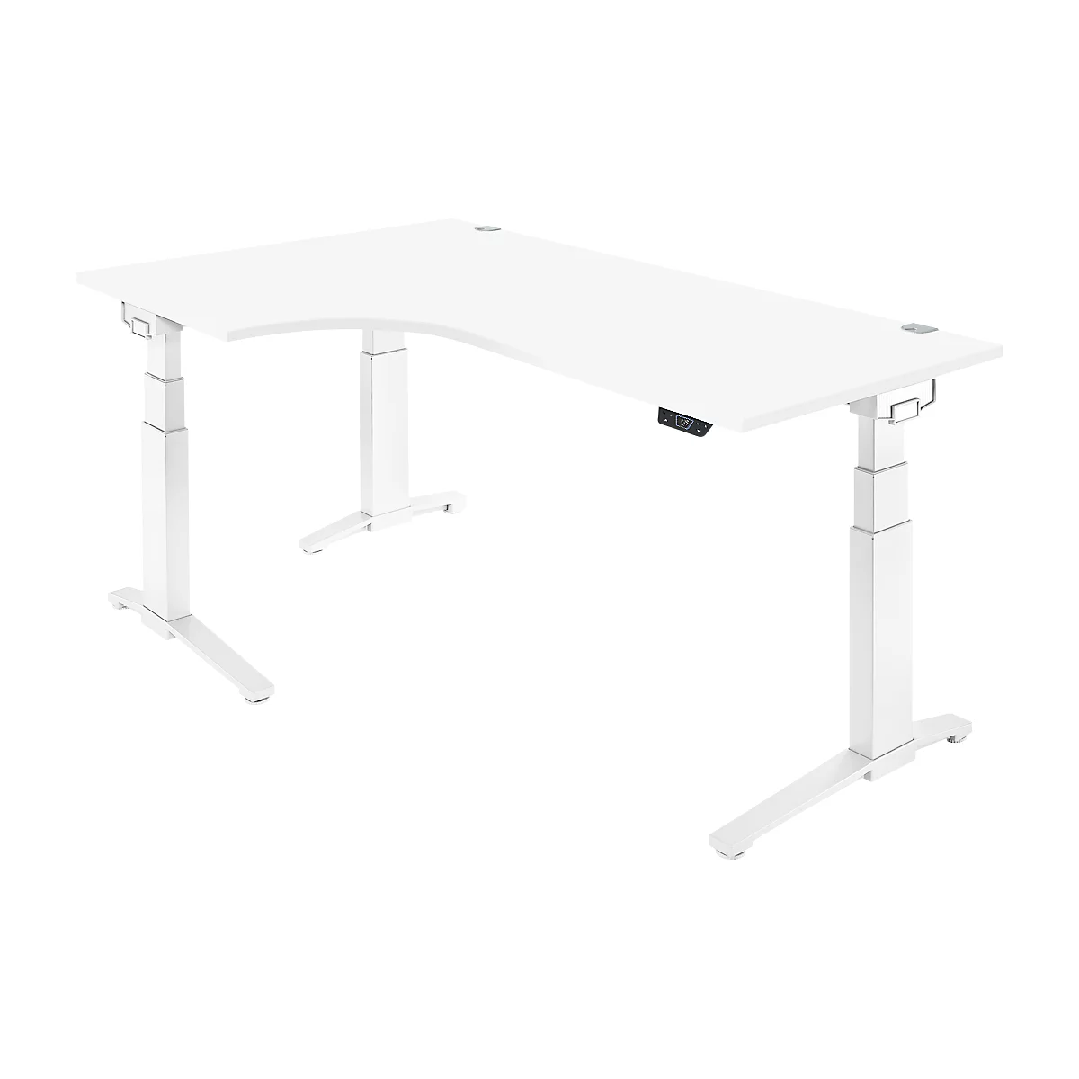 Bureau d'angle blanc, réglable en hauteur. Le plateau a un coin arrondi et un panneau de commande avec des boutons.