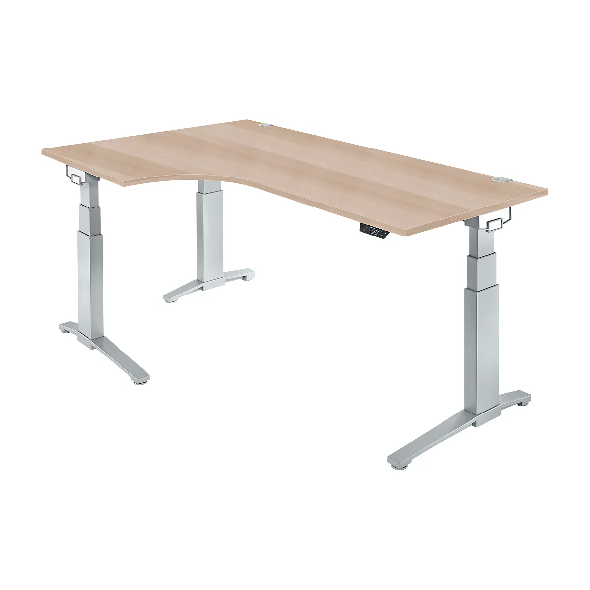 Schäfer Shop Genius Bureau ERGOSTYLE S, 90°, approche à gauche, réglage électrique de la hauteur, pied en C, deux niveaux, L 2000 x P 800 x H 645-1305 mm, avec Memory Master, chêne/aluminium blanc