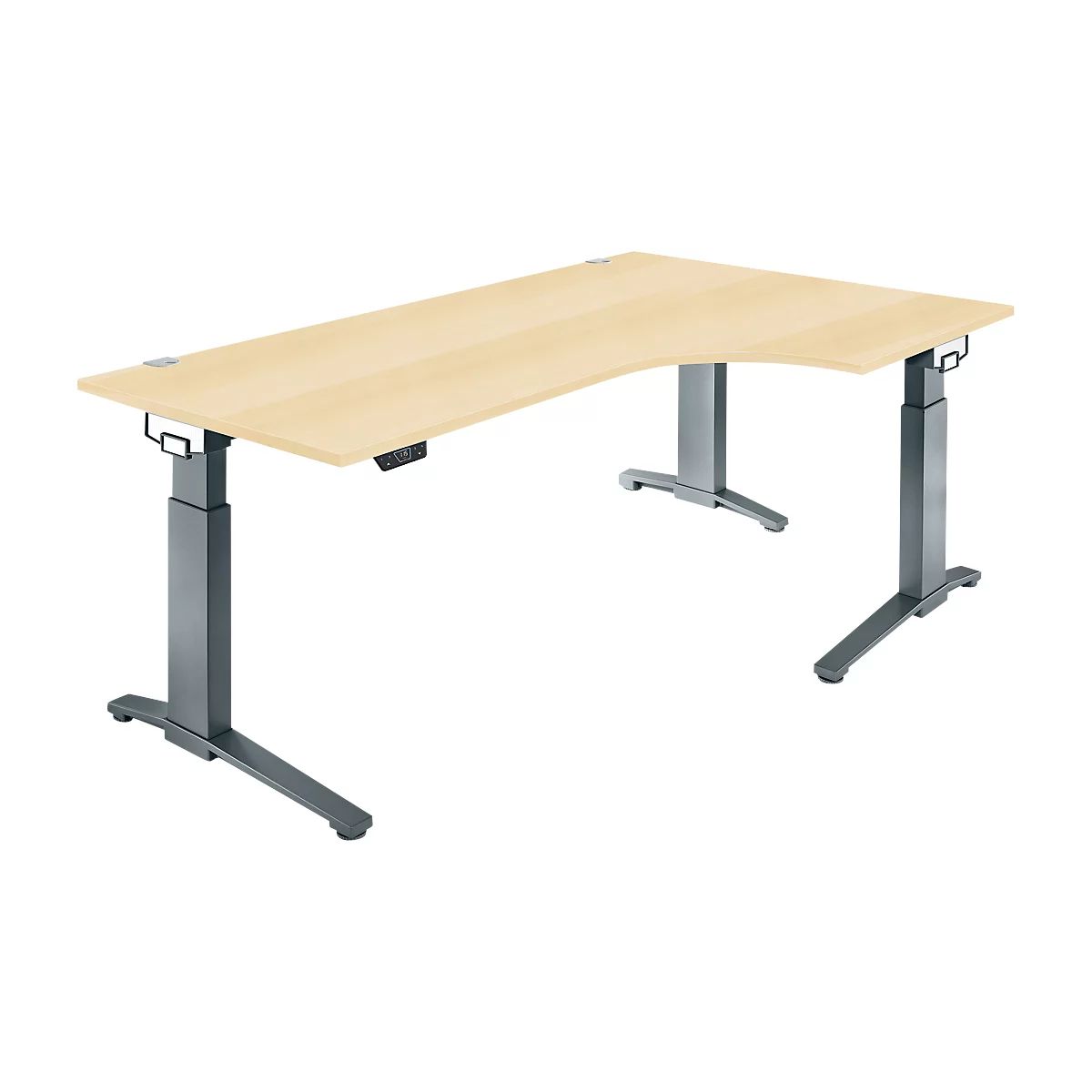 Schäfer Shop Genius bureau ERGOSTYLE S, 90°, elektrisch in hoogte verstelbaar, aanbouw rechts, C-voet, monovlak, B 2000 x D 800 x H 715 - 1182 mm, incl. Memory Master, ahorn/antraciet