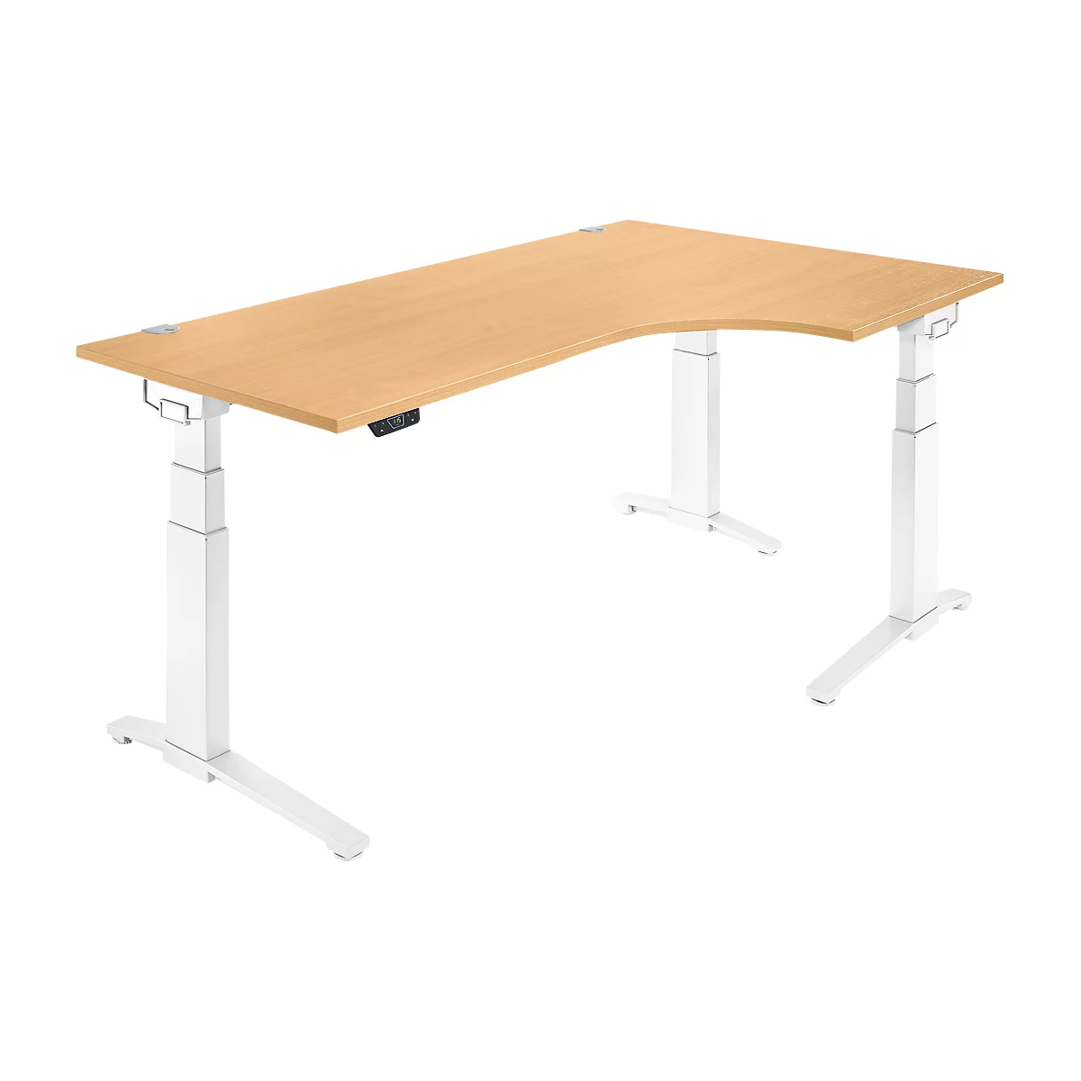 Schäfer Shop Genius bureau ERGOSTYLE S, 90°, rechts, elektrisch in hoogte verstelbaar, C-voet, tweetraps, B 2000 x D 800 x H 645-1305 mm, incl. Memory Master, beuken/wit