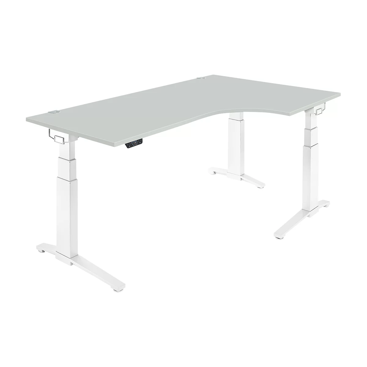 Schäfer Shop Genius bureau ERGOSTYLE S, 90°, rechts uitschuifbaar, elektrisch in hoogte verstelbaar, C-voet, tweetraps, B 2000 x D 800 x H 645-1305 mm, incl. Memory Master, lichtgrijs/wit
