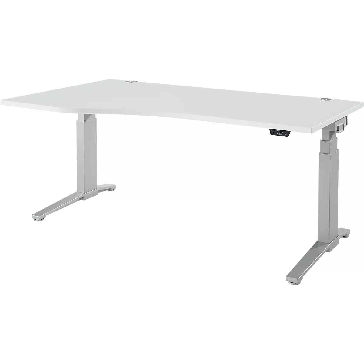 Schäfer Shop Genius bureau ERGOSTYLE S, elektrisch in hoogte verstelbaar, aanbouw links, tweetraps, C-voet, B 1800 x D 800/1000 x H 645-1305 mm, incl. Memory Master, aluminium lichtgrijs/wit