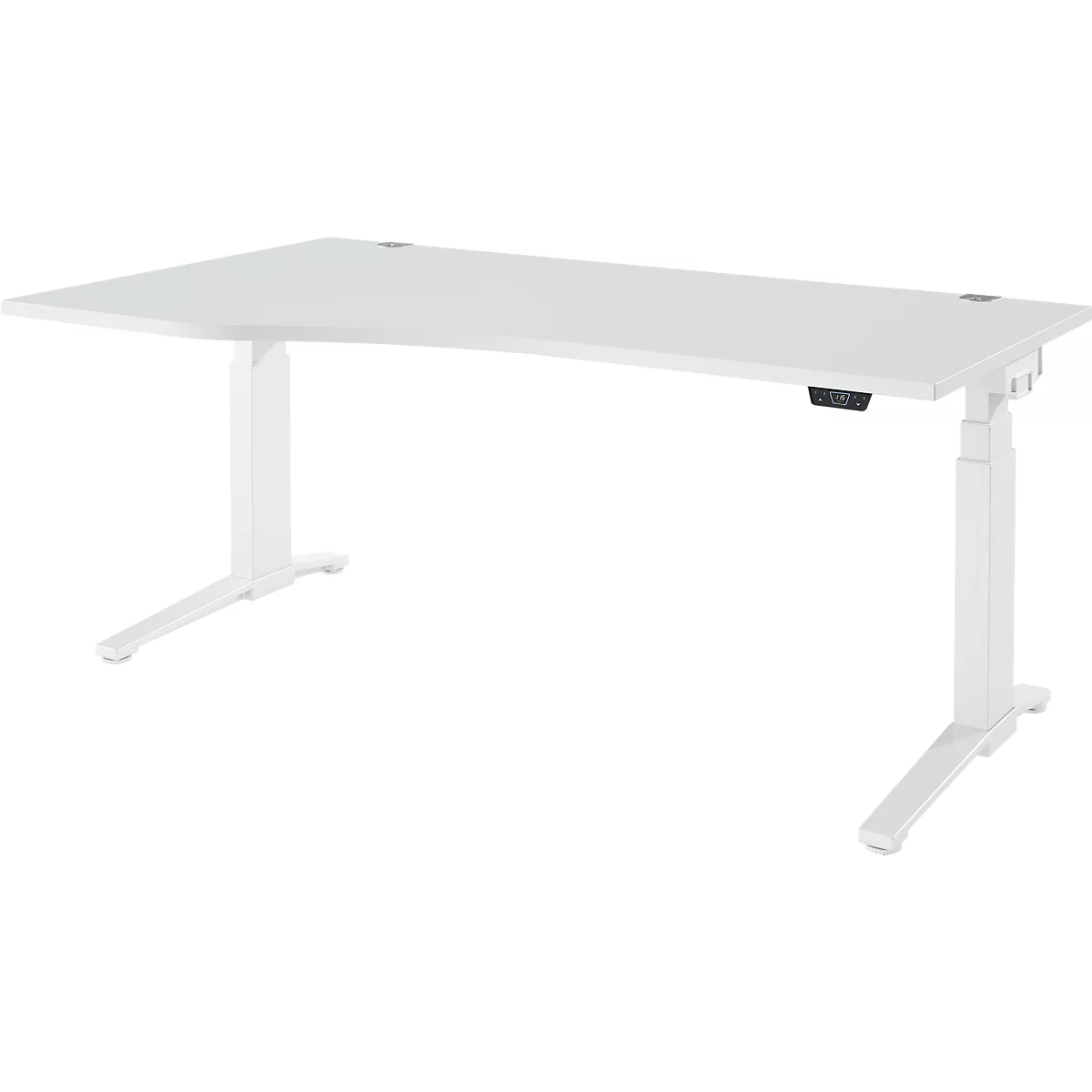 Schäfer Shop Genius bureau ERGOSTYLE S, elektrisch in hoogte verstelbaar, aanbouw links, tweetraps, C-voet, B 1800 x D 800/1000 x H 645-1305 mm, incl. Memory Master, lichtgrijs/wit