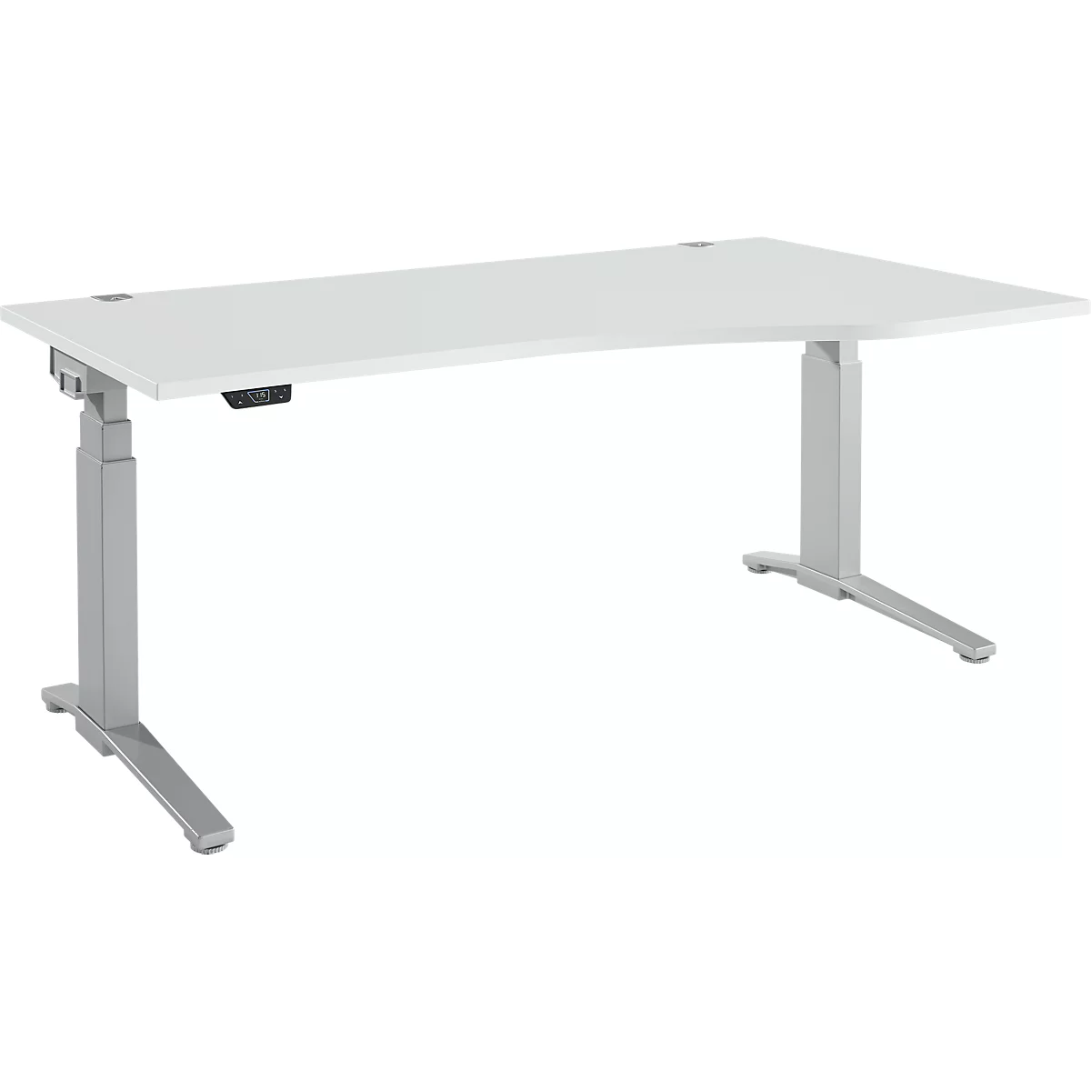 Schäfer Shop Genius bureau ERGOSTYLE S, elektrisch in hoogte verstelbaar, aanbouw rechts, tweetraps, C-voet, B 1800 x D 800/1000 x H 645-1305 mm, incl. Memory Master, aluminium lichtgrijs/wit