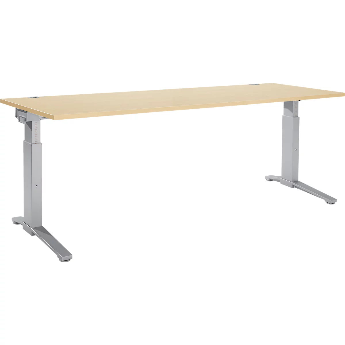 Beige verstelbare bureau. Grijze metalen poten, licht houten blad. Perspectiefbeeld, uitsnede.