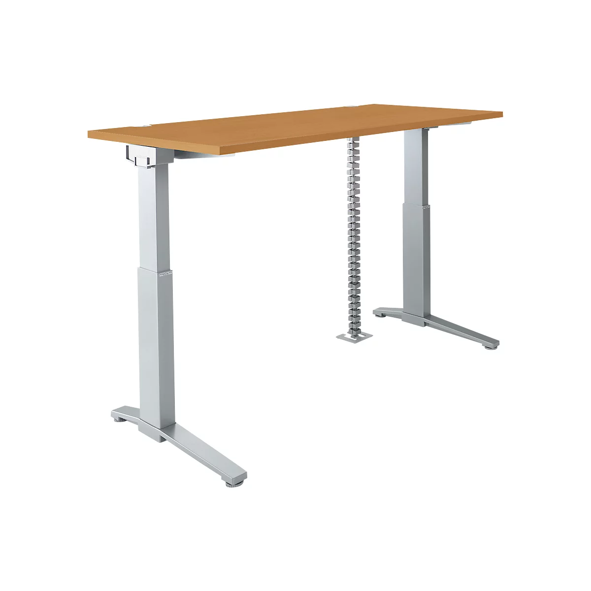 Bureau réglable en hauteur brun clair avec deux pieds en métal.