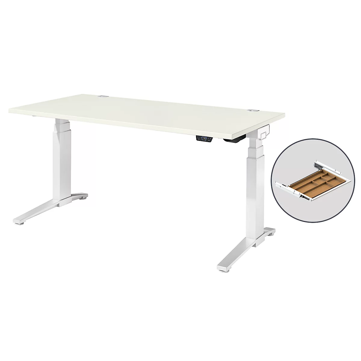 Schäfer Shop Genius bureau ERGOSTYLE S, rechthoekig, 2-traps elektrisch in hoogte verstelbaar, C-voet, B 1600 x D 800 x H 635-1305 mm, incl. Memory Master + lade, wit/wit