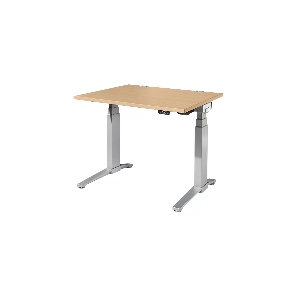 Schäfer Shop Genius bureau ERGOSTYLE S, rechthoekig, elektrisch in hoogte verstelbaar, tweetraps, C-voet, B 1200 x D 800 x H 635-1305 mm, incl. Memory Master, ahorn/blank aluminium