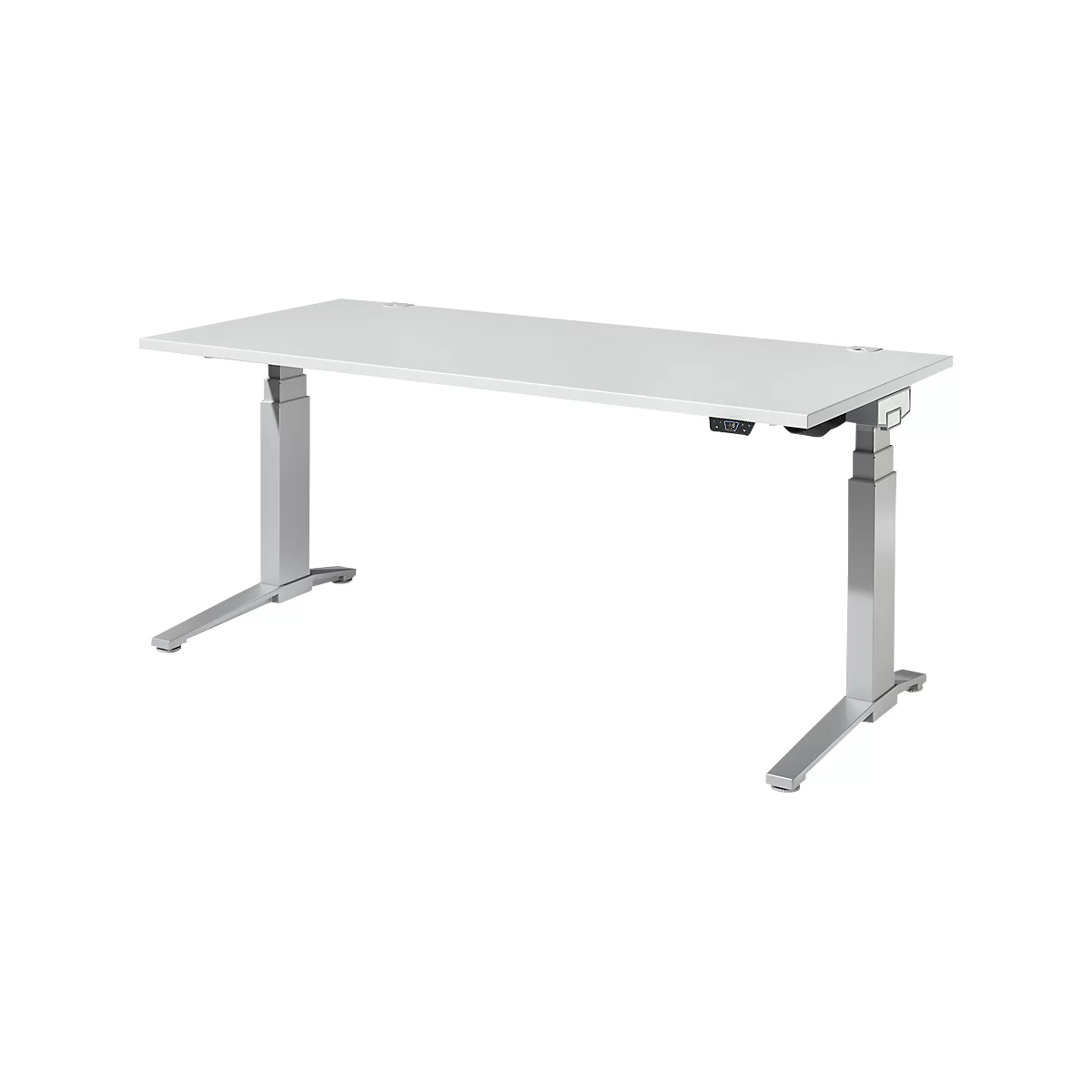 Schäfer Shop Genius Bureau ERGOSTYLE S, rectangulaire, réglage électrique de la hauteur, deux niveaux, pied en C, L 1800 x P 800 x H 635-1305 mm, avec Memory Master, gris clair/aluminium blanc