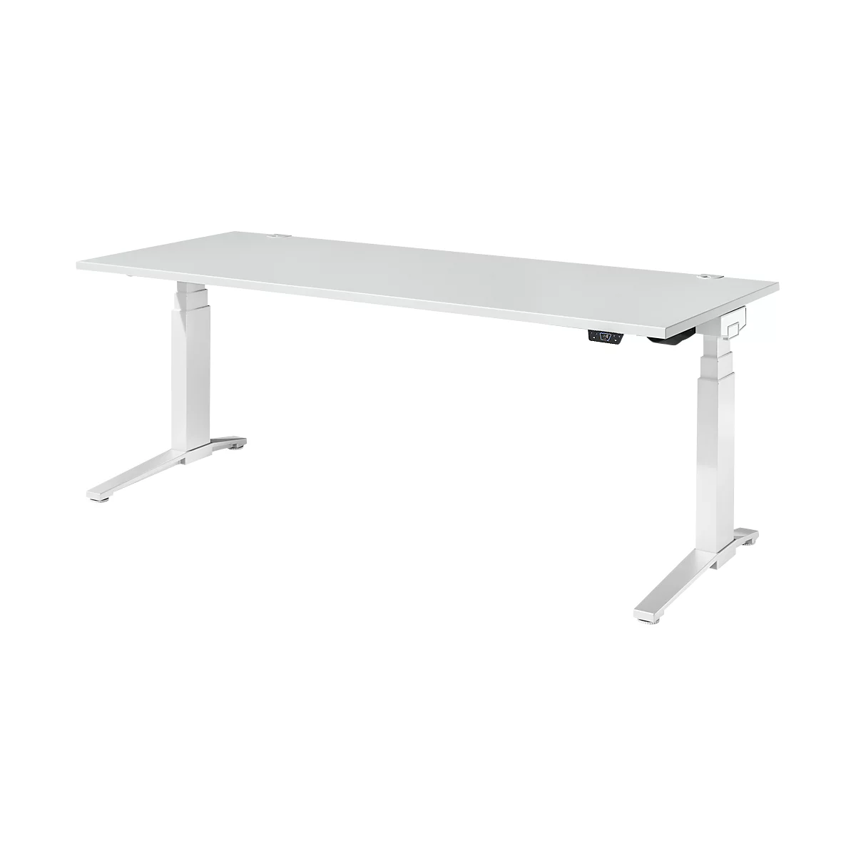 Schäfer Shop Genius Bureau ERGOSTYLE S, rectangulaire, réglage électrique de la hauteur, deux niveaux, pied en C, L 2000 x P 800 x H 635-1305 mm, y compris Memory Master, gris clair/blanc