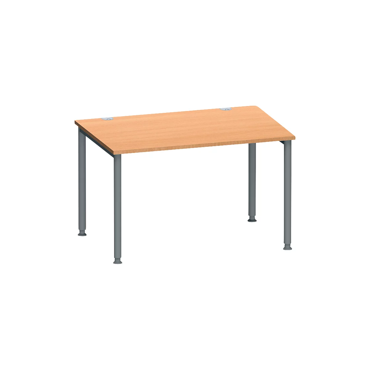 Lichtbruine bureau met grijze poten, van onderaf gezien. Het tafelblad heeft een rechthoekige vorm.