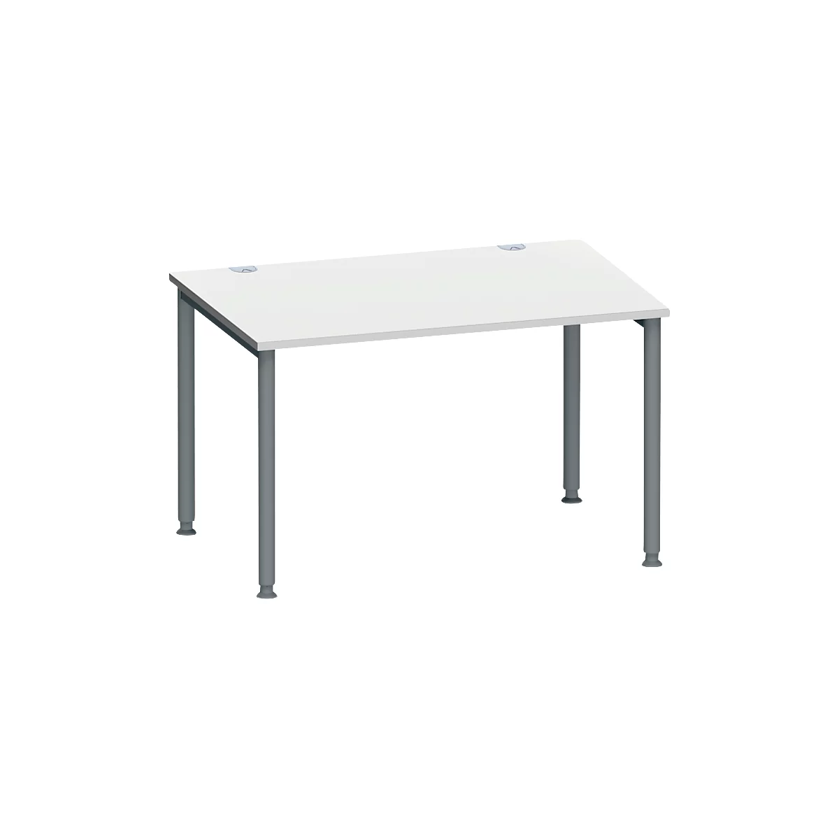 Witte bureau met grijze poten, twee openingen in het tafelblad.