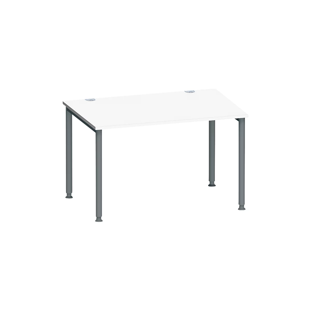 Witte bureau met grijze poten staande op een witte achtergrond.