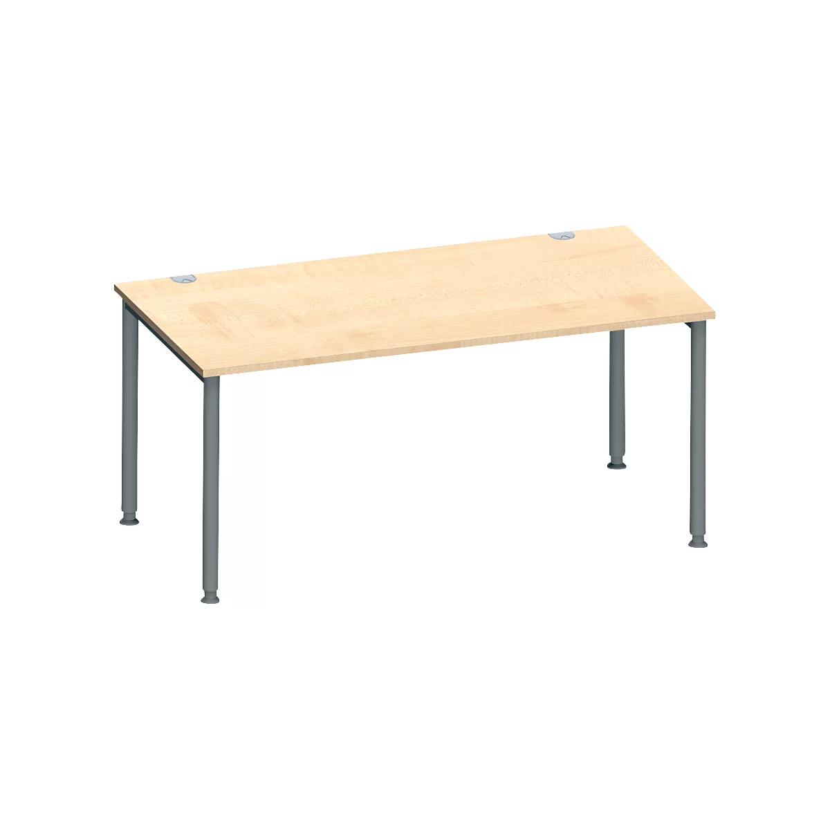 Een rechthoekig bureau met een lichte houten afwerking en grijze metalen poten. Het oppervlak is licht schuin.