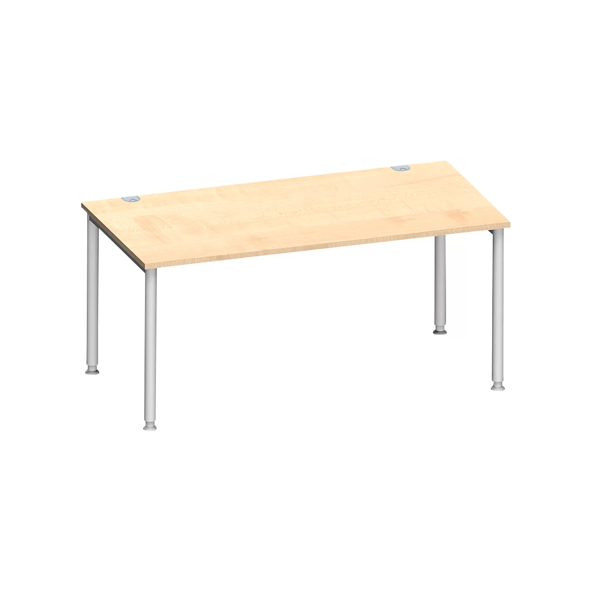 Een rechthoekig houten bureau met zilveren poten, tegen een witte achtergrond. Twee grijze elementen op het tafelblad.