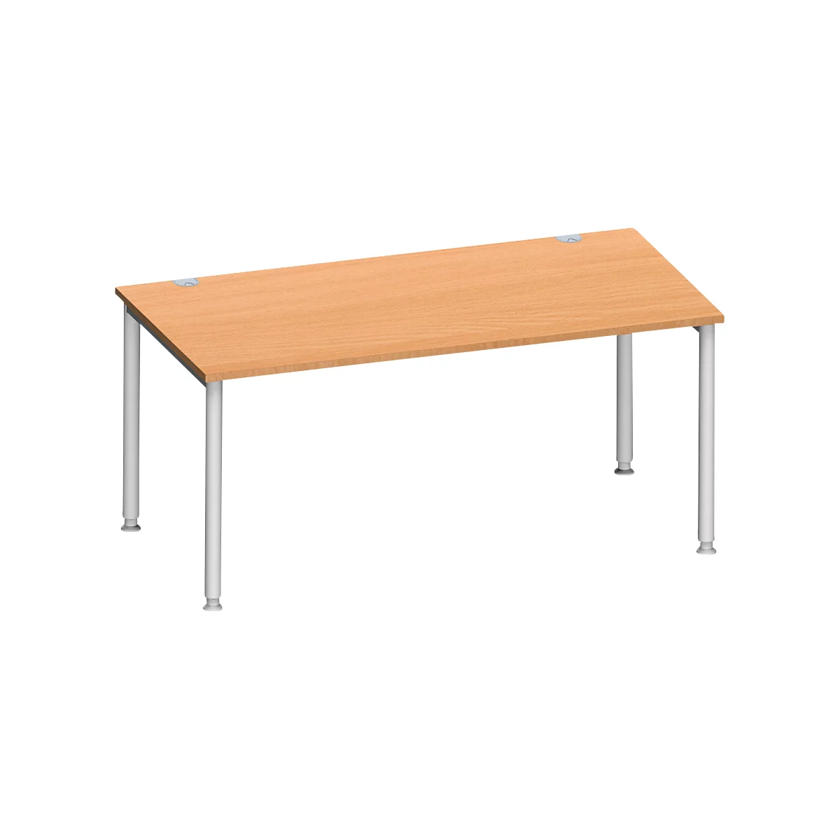 Een rechthoekig bruin bureau met witte poten. Twee kleine, rechthoekige metalen platen bovenop.