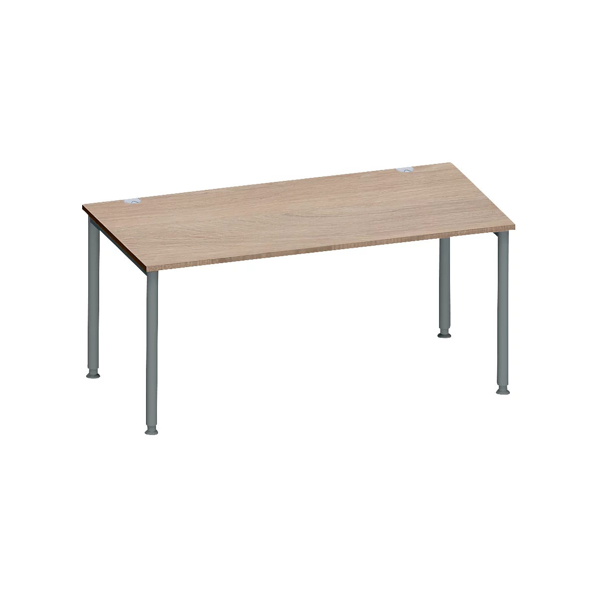 Rechthoekige, lichtbruine tafel met grijze poten, schuin van bovenaf gefotografeerd.