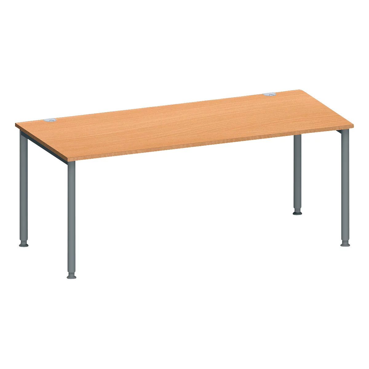 Een rechthoekig, bruin bureau met grijze metalen poten, op een witte achtergrond. Het tafelblad heeft een houtnerf.