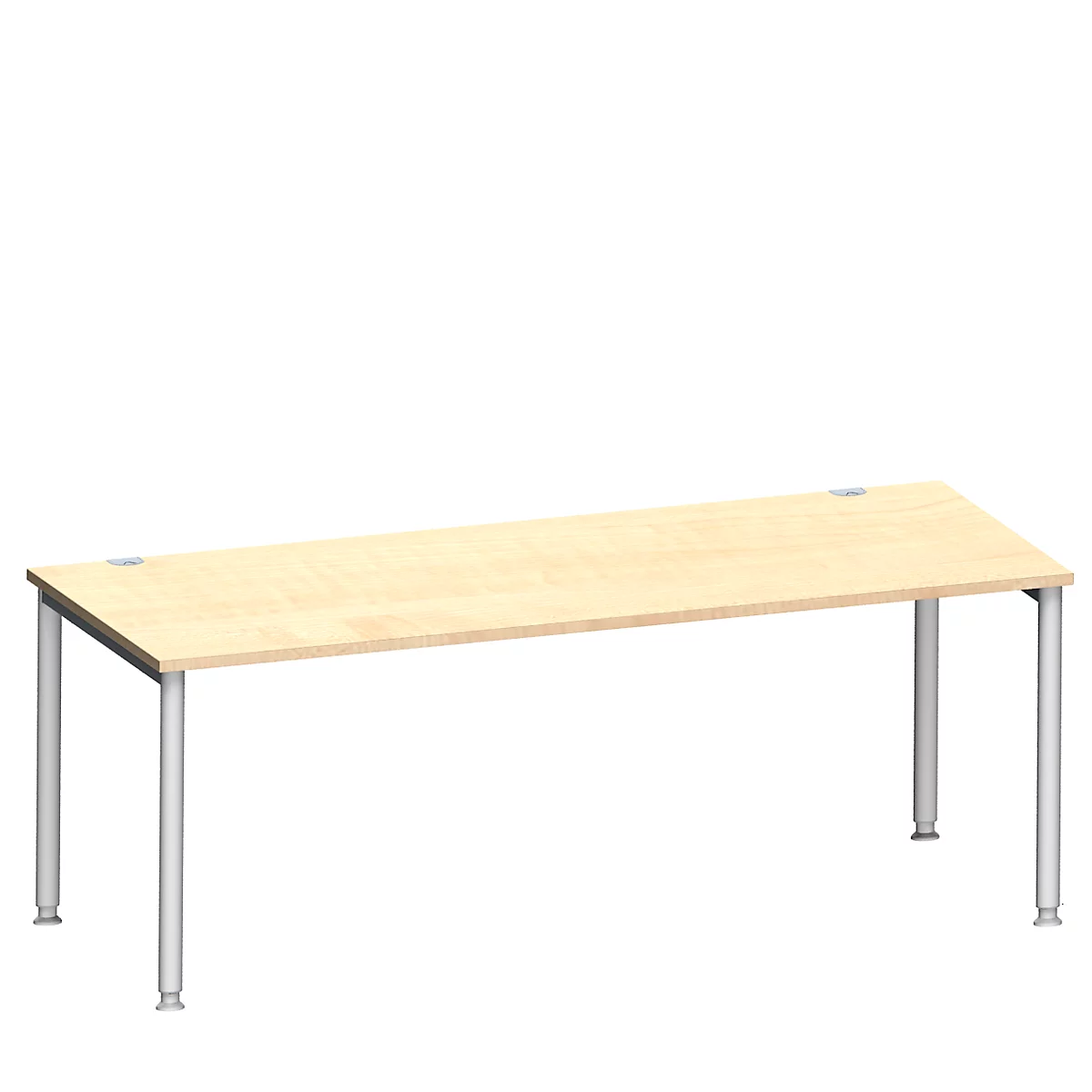 Een lichtbruin bureau met zilveren poten op een witte achtergrond. Houten tafelblad met metalen poten, modern.