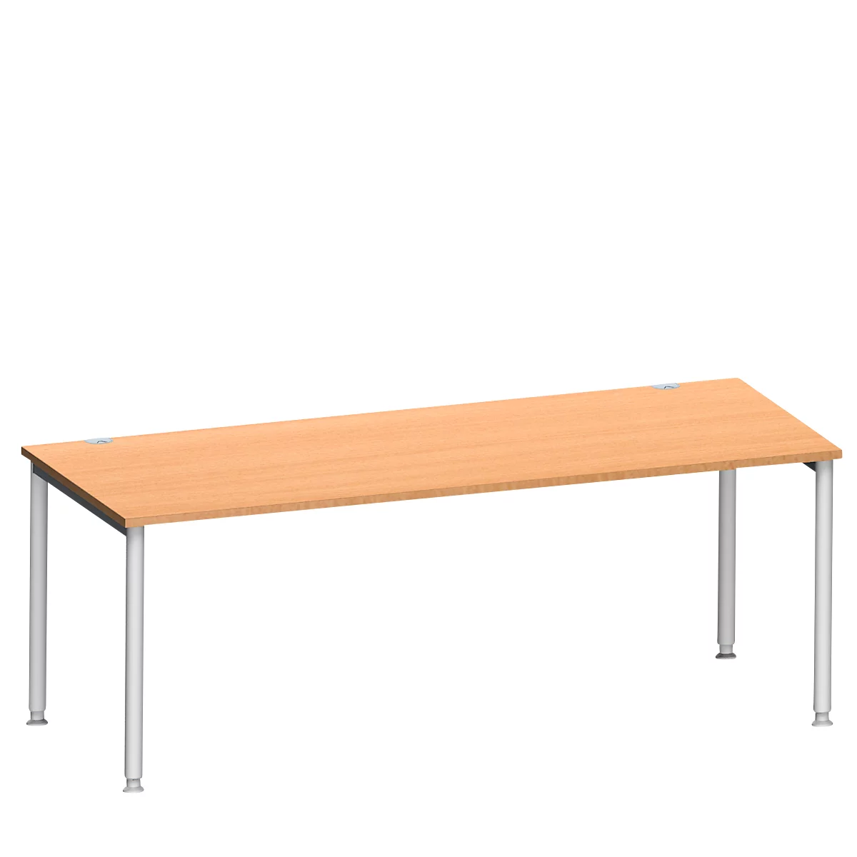 Een rechthoekige tafel met een lichte houtlook en metalen poten. Het tafelblad is lichtbruin, de poten grijs.