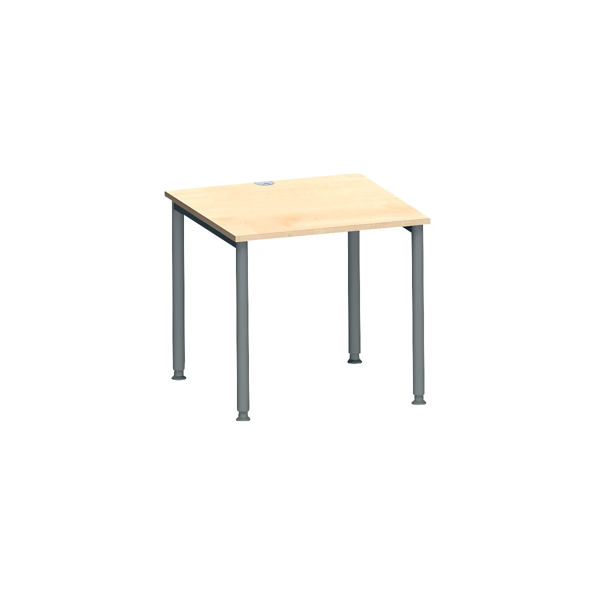 Vierkante tafel met lichtbruin blad en grijze metalen poten.