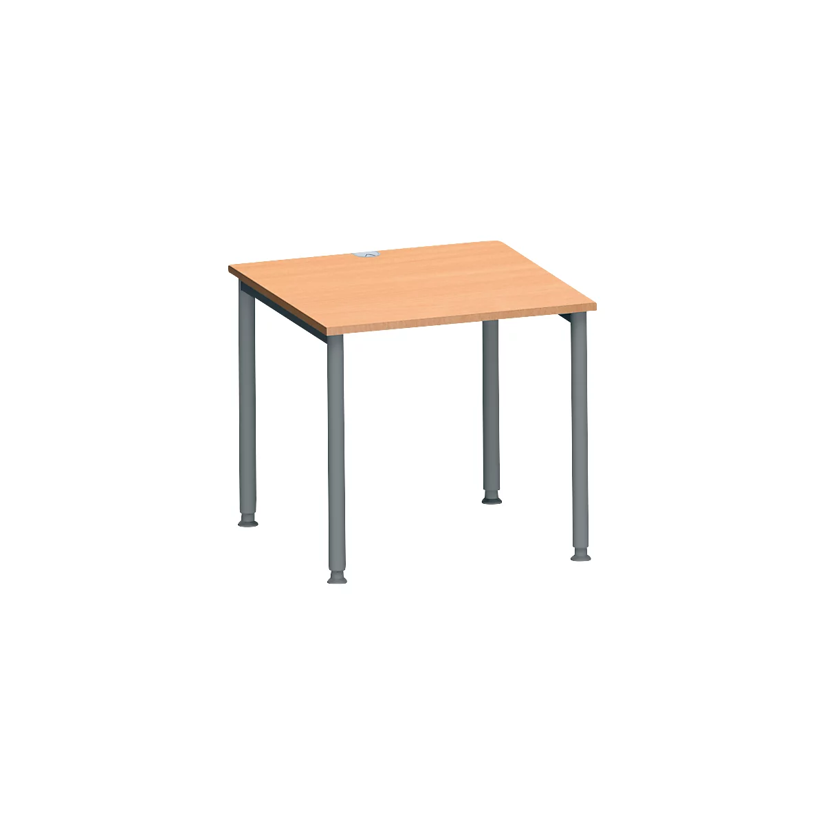 Kleine, rechthoekige tafel met een lichtbruin tafelblad en grijze metalen poten.