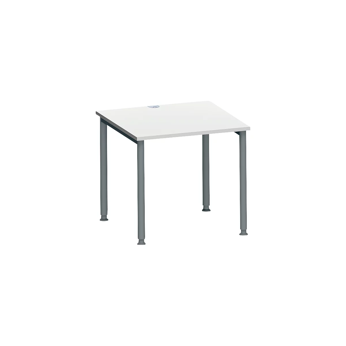 Vierkante witte tafel met grijze poten. Er is een opening op het tafelblad.