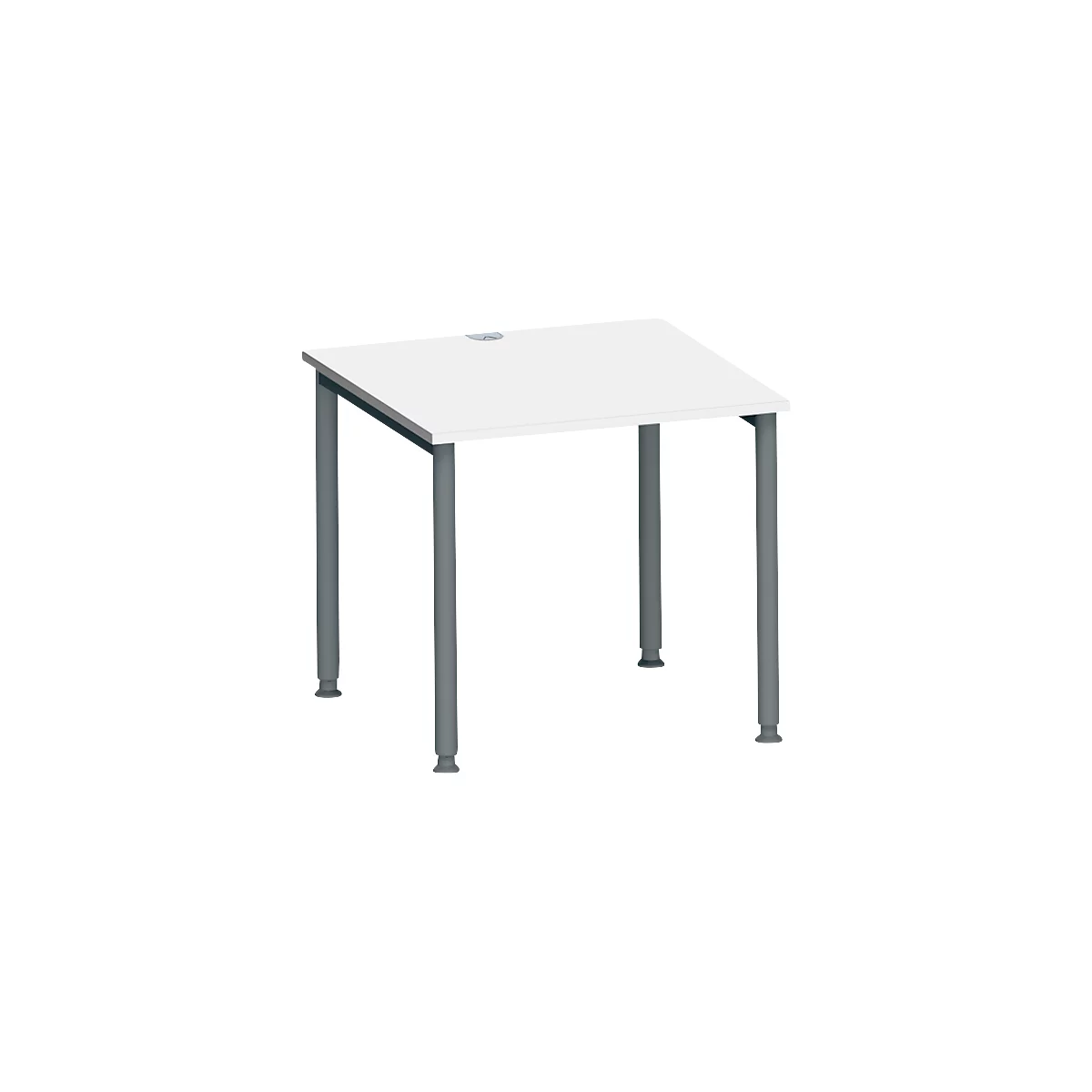 Een vierkante witte tafel met grijze poten en een kabeldoorvoer.