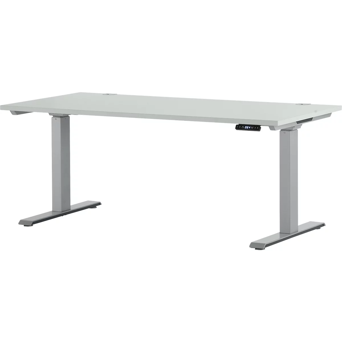 Een witte, in hoogte verstelbare bureau met grijze poten staat op een witte achtergrond. Een bedieningspaneel is op de tafel gemonteerd.