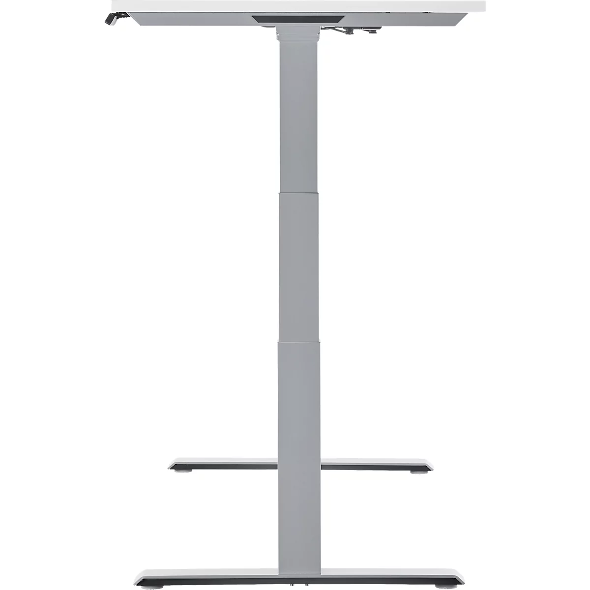 In hoogte verstelbaar bureau, lichtgrijze metalen constructie, wit tafelblad.