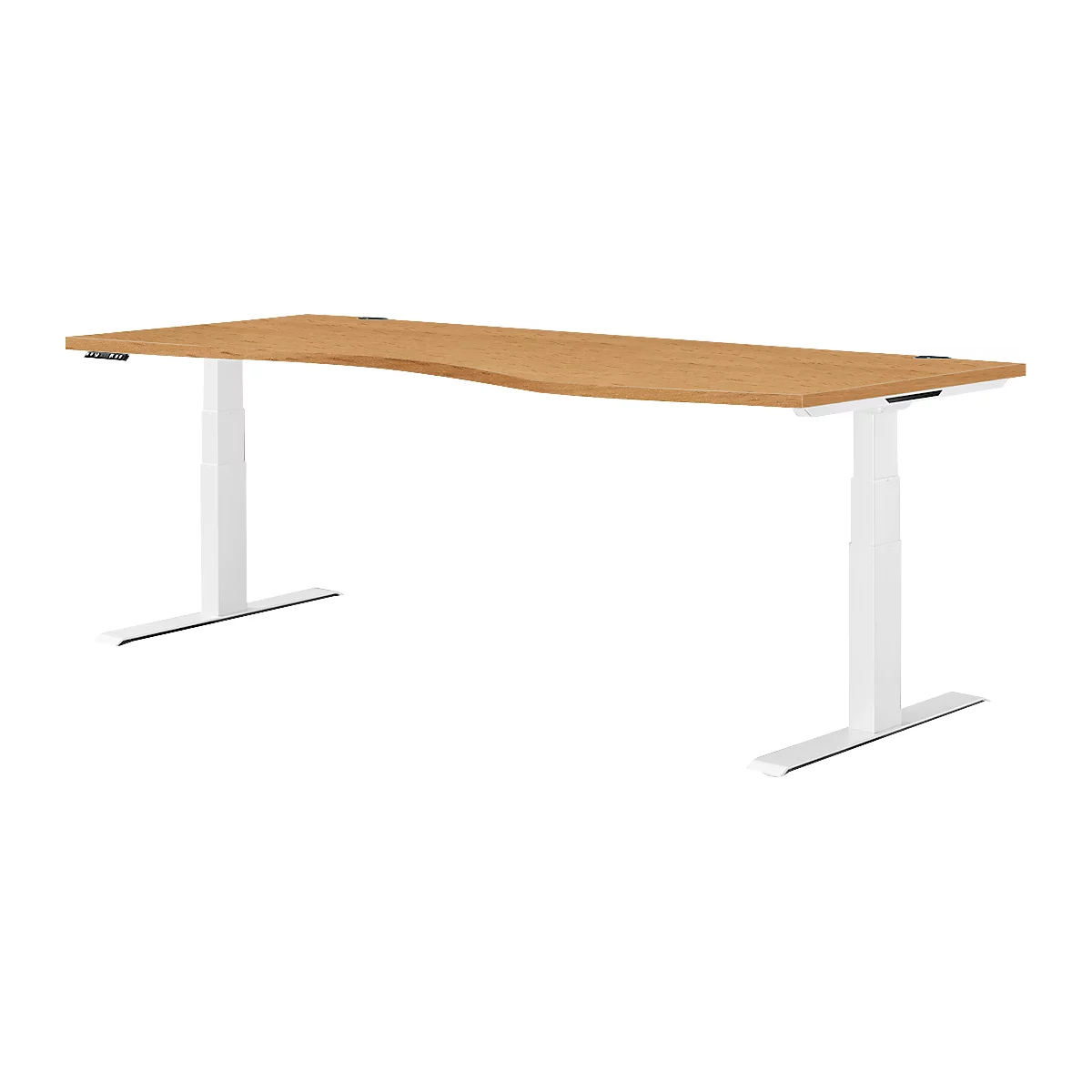 In hoogte verstelbaar bureau met houten blad en wit frame.