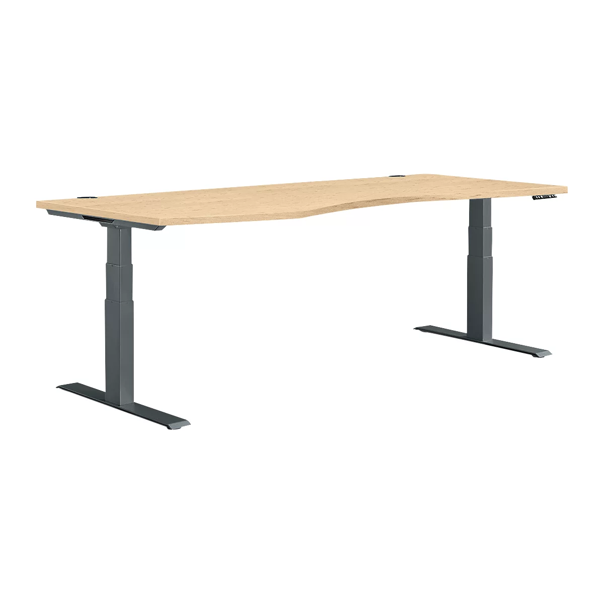 Lichtbruine ergonomische bureau met grijze in hoogte verstelbare poten op een witte achtergrond.