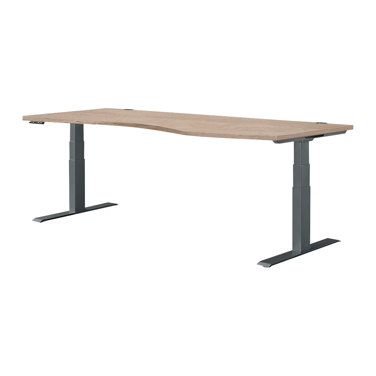 Lichtbruine, ergonomisch gevormde bureau met grijs frame, tegen een witte achtergrond.