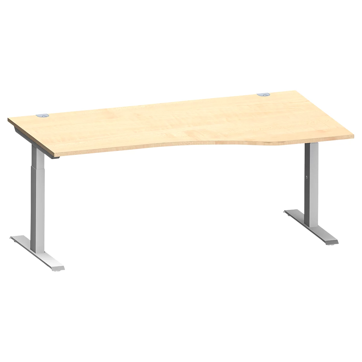 Schäfer Shop Genius Bureau MODENA FLEX, forme libre à droite, pied en T tube rectangulaire, L 1800 x P 1000/800 x H 650-850 mm, érable/alu blanc