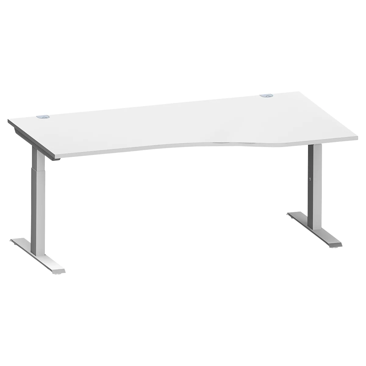Schäfer Shop Genius Bureau MODENA FLEX, forme libre à droite, pied en T tube rectangulaire, L 1800 x P 1000/800 x H 650-850 mm, gris clair/alu blanc