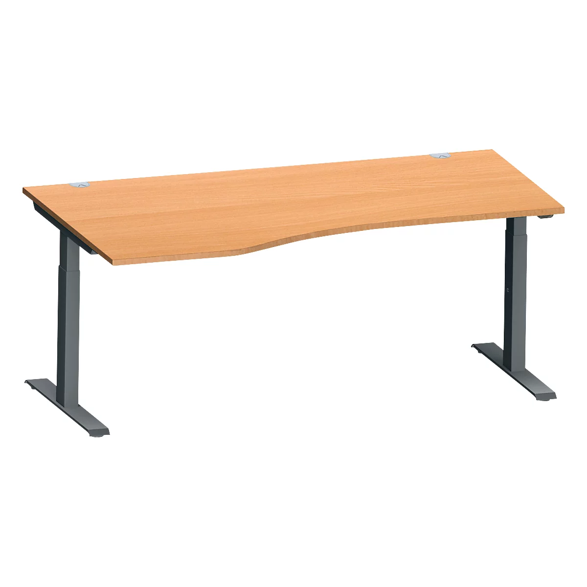 Schäfer Shop Genius Bureau MODENA FLEX, forme libre à gauche, pied en T en tube rectangulaire, L 1800 x P 1000/800 x H 650-850 mm, hêtre/anthracite