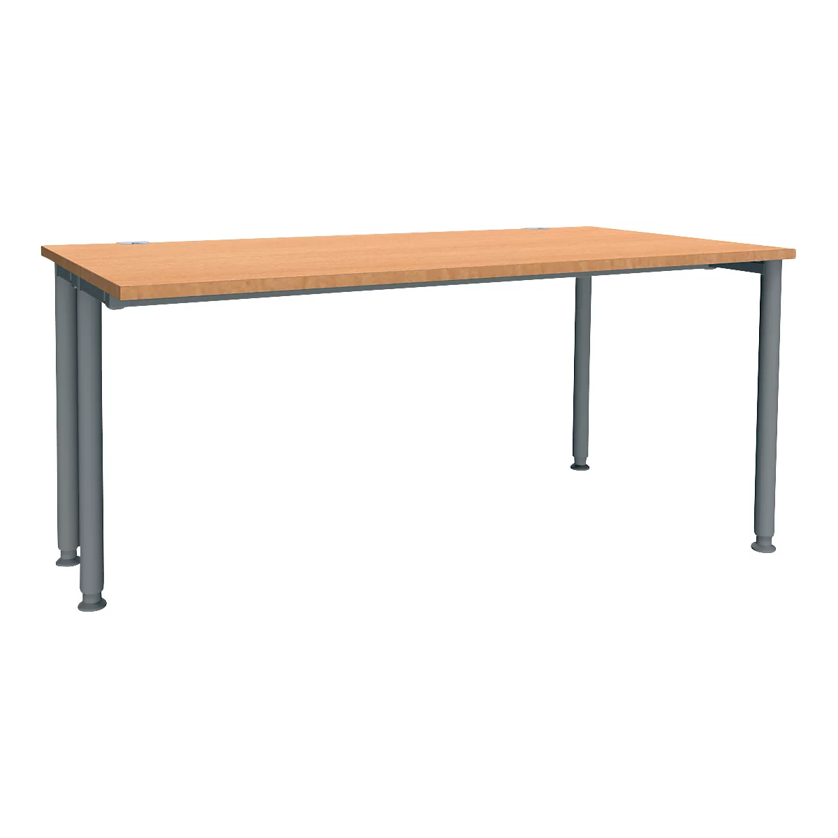 Bureau rectangulaire en bois clair avec pieds en métal gris.