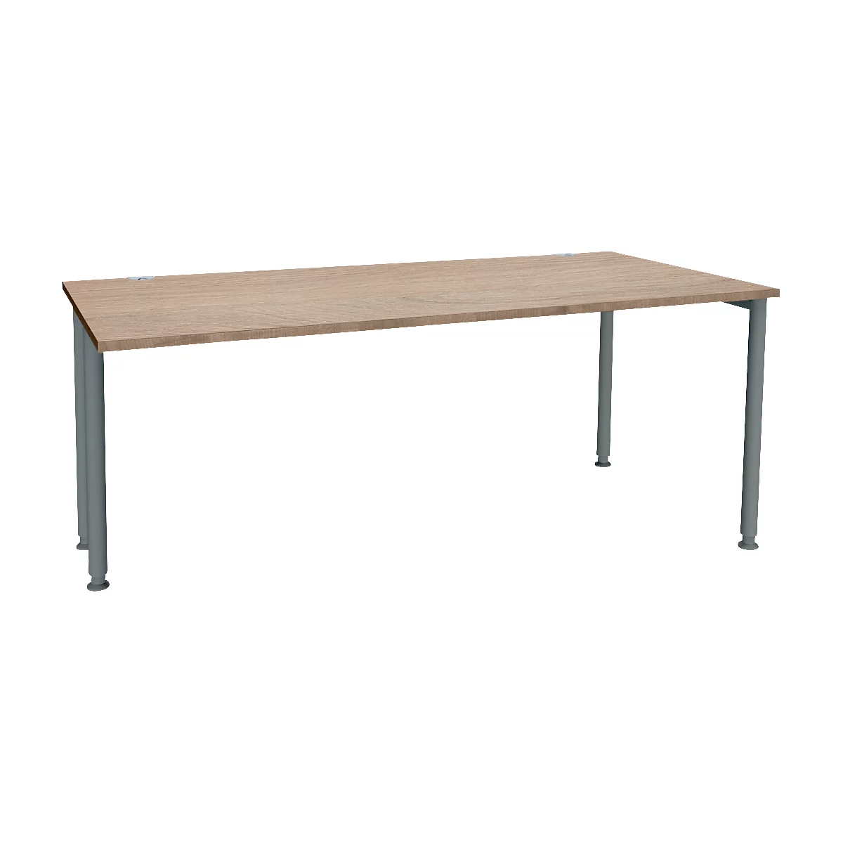 Table de couleur marron clair avec des pieds gris. Le plateau de la table est rectangulaire. La table est placée devant un fond blanc.