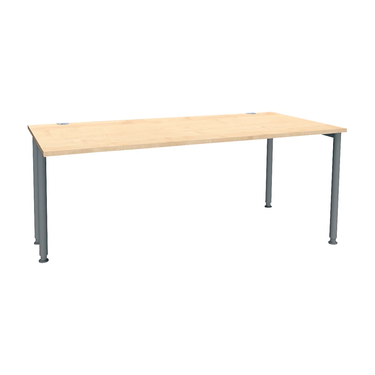 Bureau brun clair avec pieds en métal gris. Le plateau est rectangulaire. Les pieds sont cylindriques.