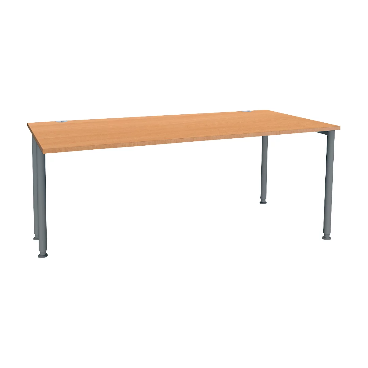 Bureau brun clair avec pieds gris, isolé sur fond blanc.