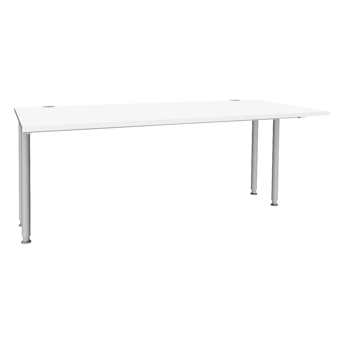 Bureau blanc avec pieds gris étroits, sur fond blanc.