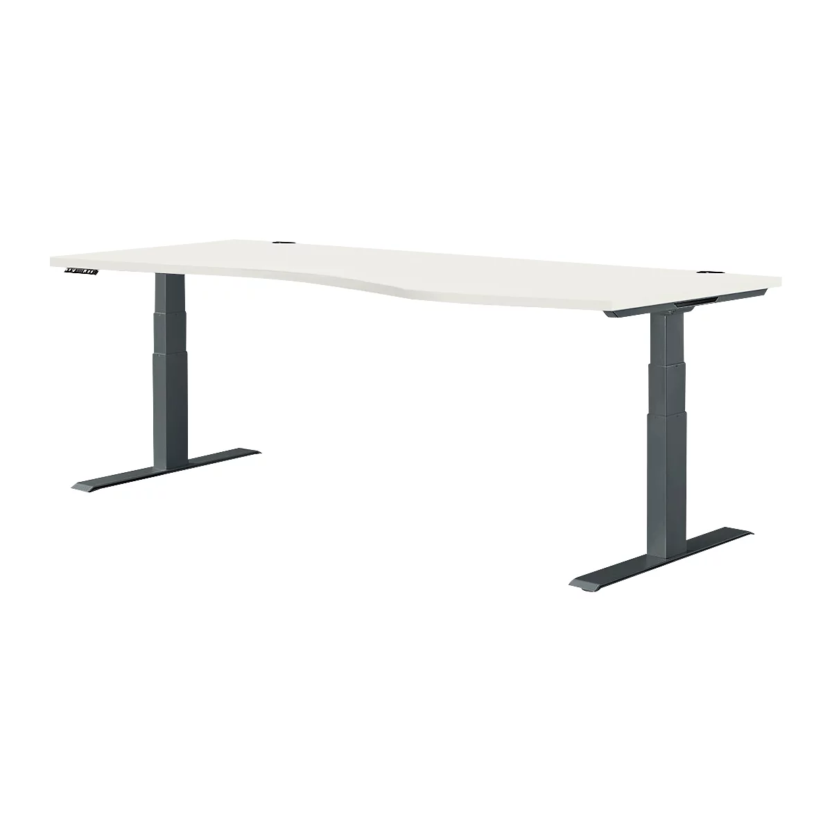 Un bureau blanc réglable en hauteur avec des pieds gris, sur fond blanc.