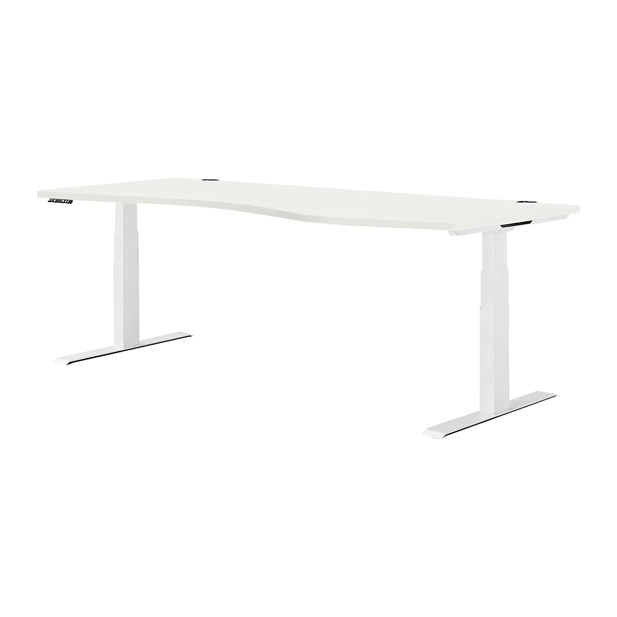 Bureau blanc réglable en hauteur avec plateau incurvé et pieds blancs.