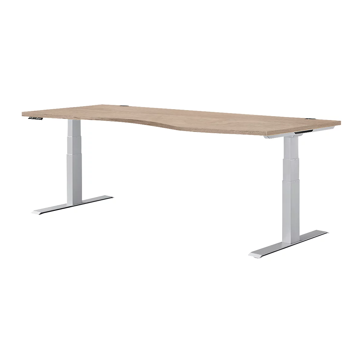 Bureau ergonomique brun clair avec pieds blancs réglables en hauteur sur fond blanc.